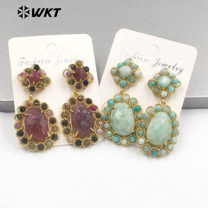 WT-E724 WKT Precious Natural Gemstone Carved with Wire Wrapped Tiny Stone Beads Made Earrings Charming Gorgeous Lapis Earrings