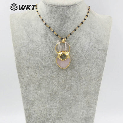 WT-N1348 WKT 2022 Fashion 18k Real Gold Plated Rose Quartz Heart Statement Necklace Women Big Natural Stone Pendant Necklace