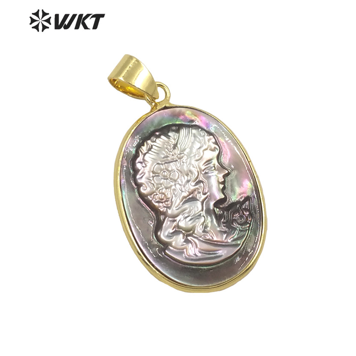 WT-JP269 Wholesale Fashion Gold Bezel Oval Chic Beauty Image Pendant Handmade Natural Shell Gorgeous Women Jewelry Big Pendant