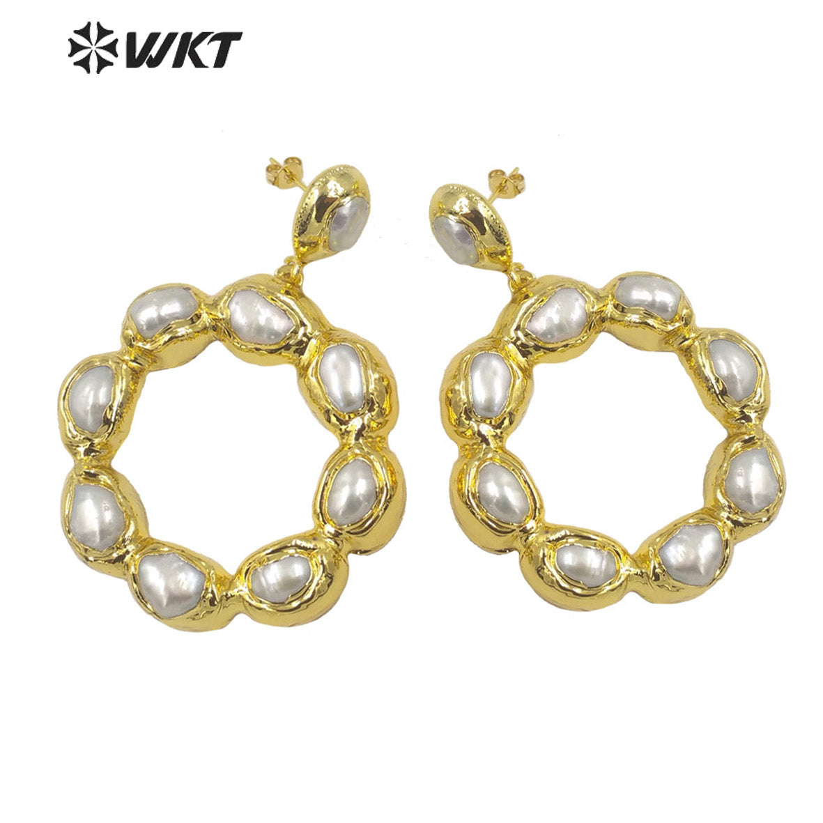 WT-MPE081 Wholesale Fashion Gold Electroplated Freshwater Pearl and Stone Round Ring Earrings Big Dangle Pendant Earrings