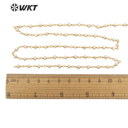 WT-RBC186 Amazing 18k Real Gold Plated Resist Tarnishable Natural Freshwater Pearl Beads Chain for Jewelry Design Pearl Chain