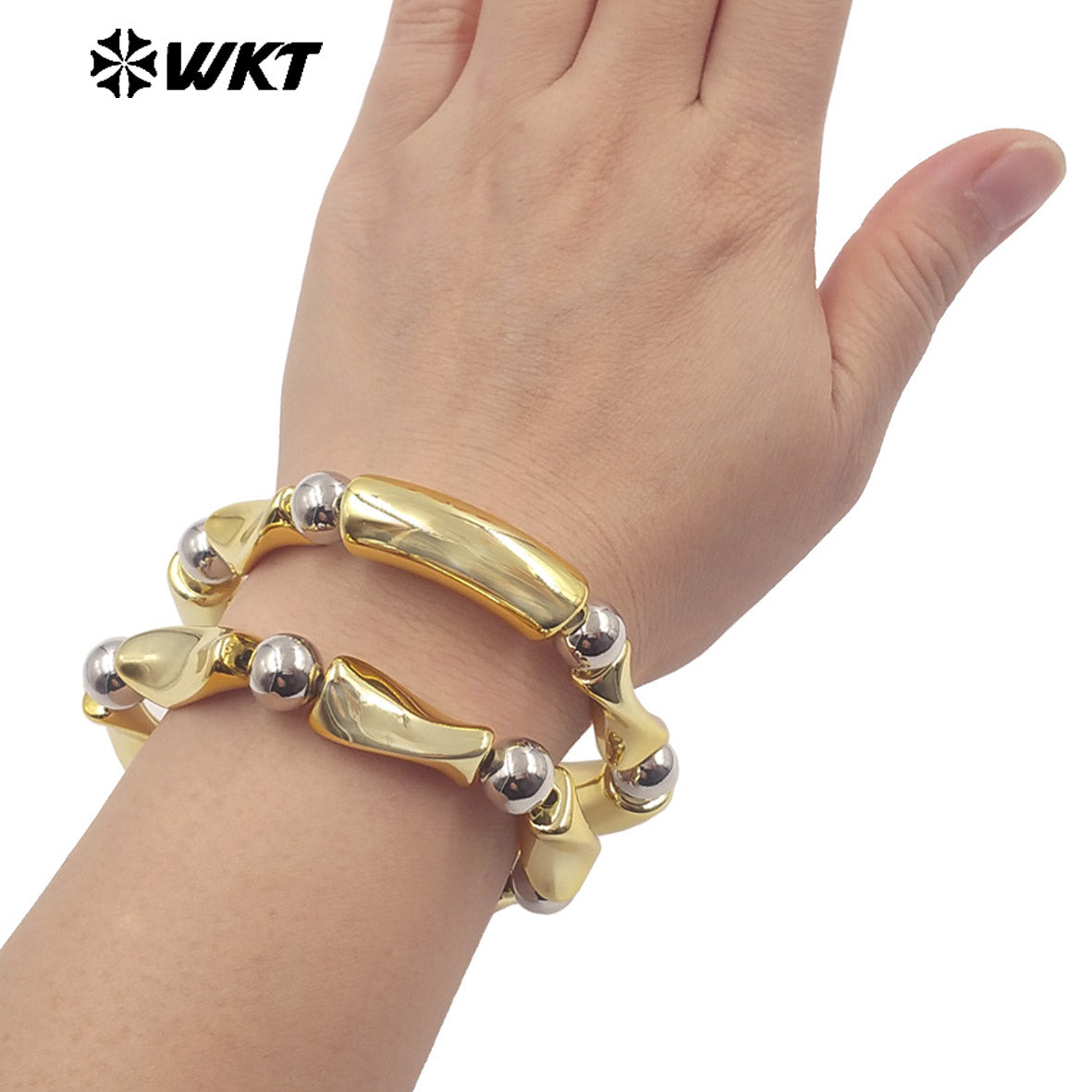 WT-JF375 High Quality Gold And Silver Plated Yellow Brass Space Round Beads Bracelet As Female Daily Jewelry Decoration