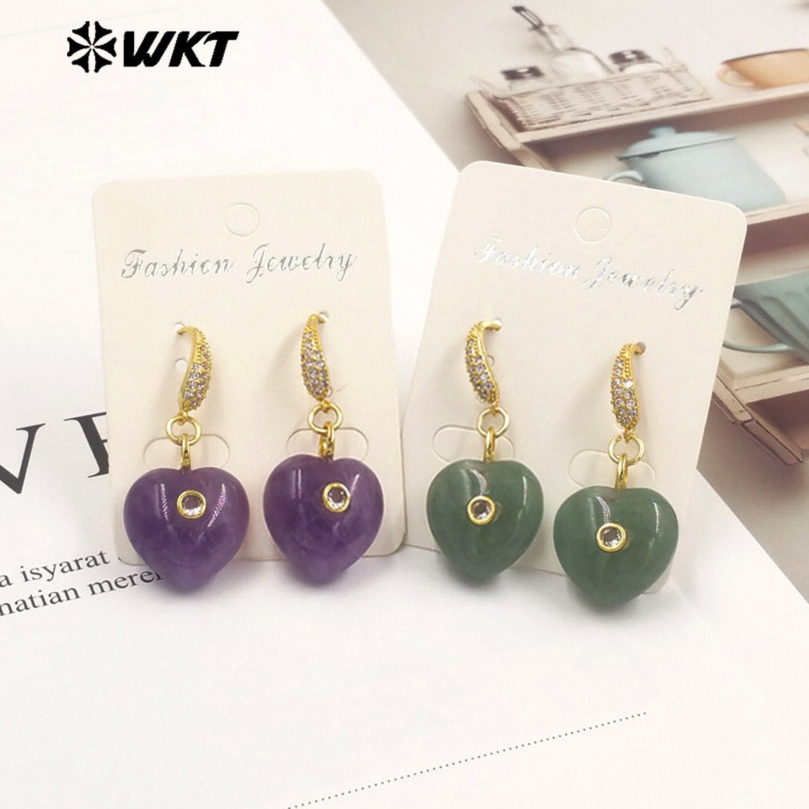 WT-E817 High Quality Zircon And Colorful Natural Gemstone Heart Shape Pendant Earrings As Friends Romantic Jewelry Gifts