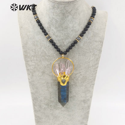 WT-N1244 Women Fashon Big Hexagonal Cube Spirit Point Beads Necklace Natural Labradorite Black Stone Statement Stone Necklace