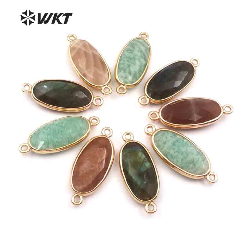 WT-C264 New Special Design Smooth Metal Plated Irregular for Fashion Women Jewelry Natural Amazonite/Pink Quartz Connector