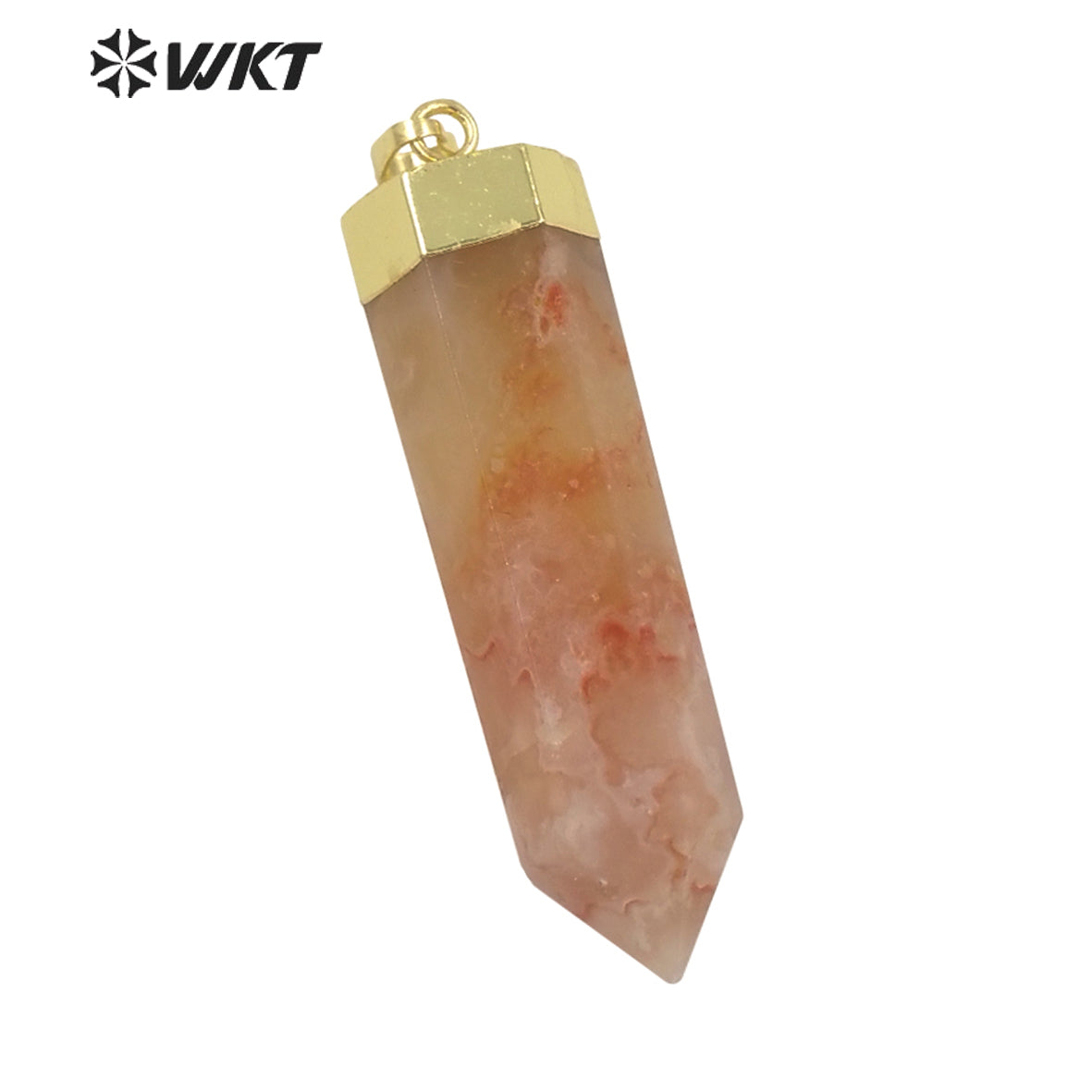 WT-P1639 WKT New Natural Long Spirit Quartz Point Cherry Agate Stone Jewelry Pendant 18k Gold Plated Hexagonal Point Pendant