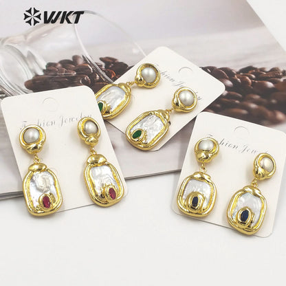 WT-MPE113 European and American Retro Exaggerated Inlaid with Natural Freshwater Pearl Pendant Earrings