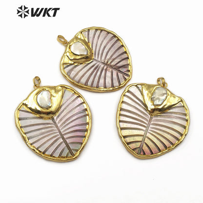 WT-JP100 Natural Color Leaf Shape and Grain Jewelry Necklace with 18K Gold Plated Edges and Pearl-embellished Shell Leaf Pendant