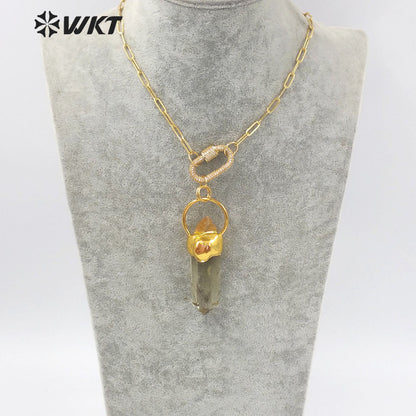 WT-N1273 Unique Gold Electroplated Yellow Crystal Stone Big Pendant Necklace Women Chunky Citrine Raw Stone Necklace