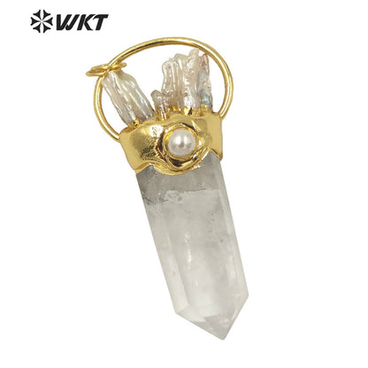 WT-P1625 Amazing Natural Real Gold Plated Spirit Quartz Pendant Women Big Chunky Crystal Pearl Point Stone Pendant