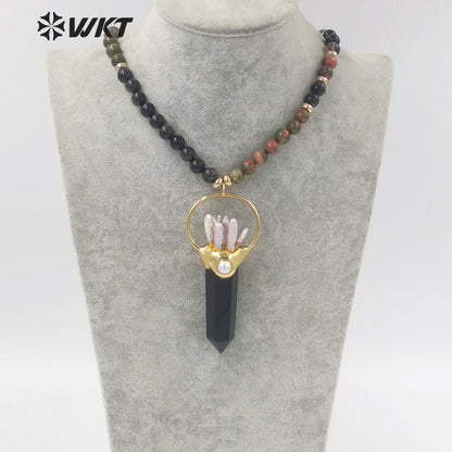 WT-N1338 WKT Women Fashion 30 Inch Long Bead Necklace Handmade Vintage Boho Gemstone Big Quartz Point Necklace Beads Necklace