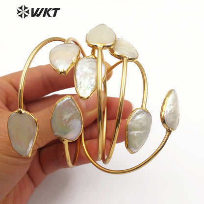 WT-B448 Jewelry in Teardrop Shape Adjustable Gold Bangle Pearl Cuff Wedding Bangle Double Natural Freshwater Pearl Bangle