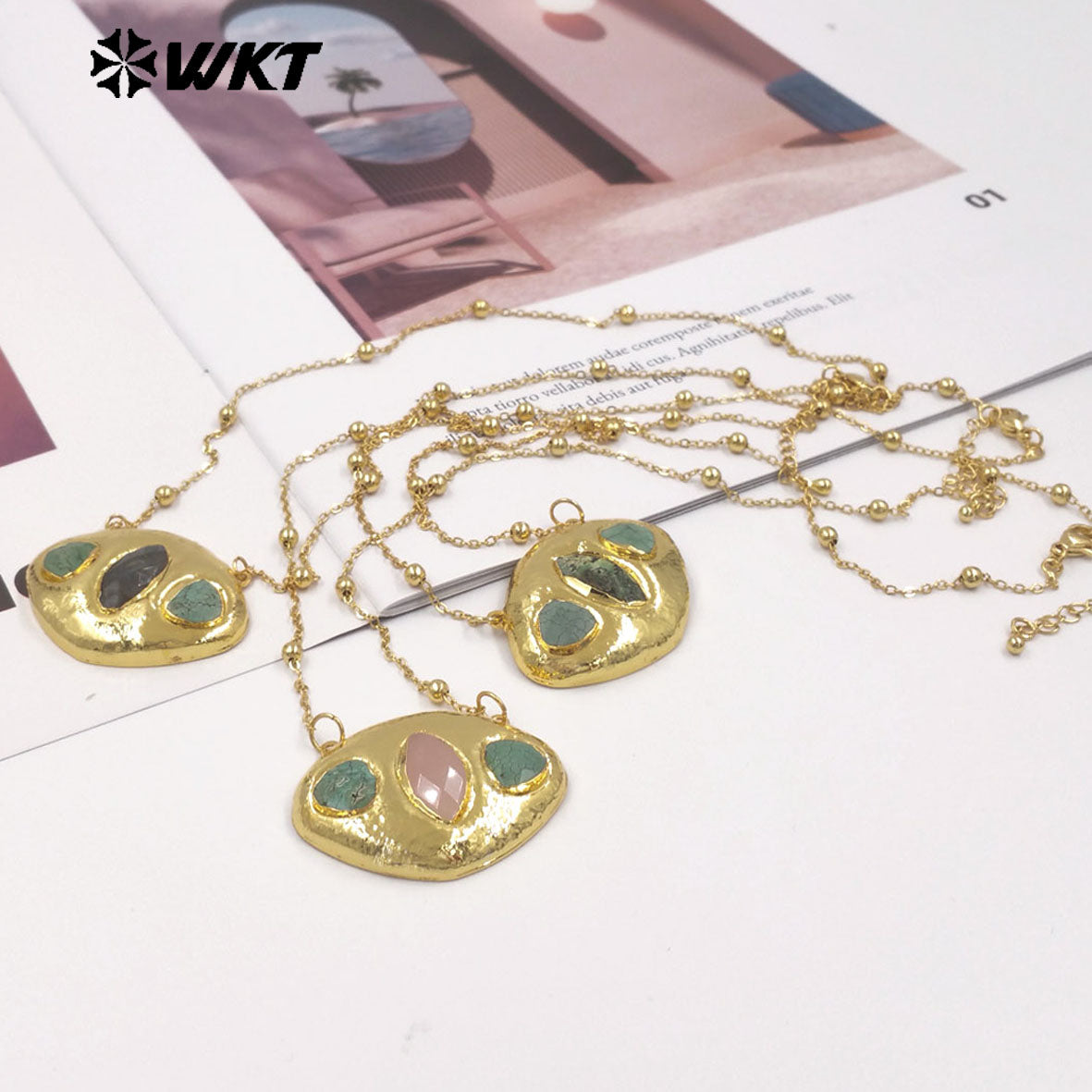 WT-N1529 Boutique 18K Gold Plated Thin Bead Chain With Three Natural Gemstones Pendant Necklaces As Women Elegant Jewelry