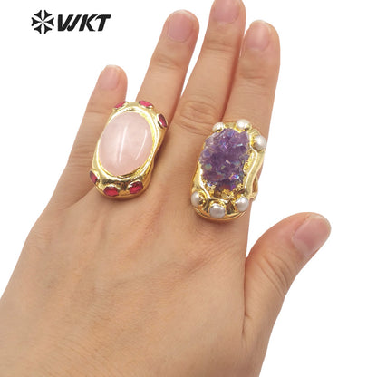 WT-R501 Lovely New Europe Design 18K Real Gold Plated Oval Stone With Zircon Around Unisex Popular Gemstone Ring