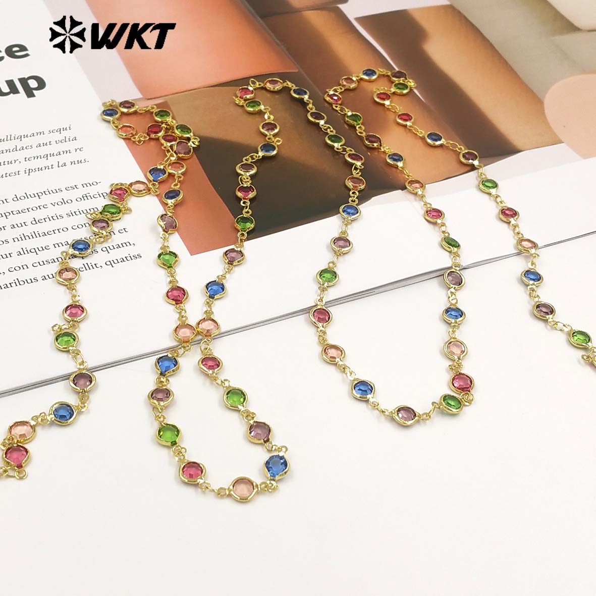 WT-BC281 Beautiful Colorful Round Crystal And Gold Electroplated Yellow Brass Metal Chain For Elegant Necklaces Making