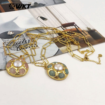 WT-N1493 Amazing Big 18k Real Gold Plated Link Chain Necklace With Round Natural Gemstone and Pearl Assemble Pendants Necklace