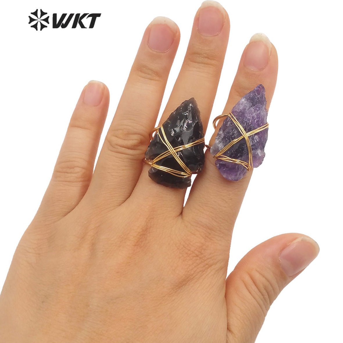 WT-R390 WKT 2022 Boho Style Women Wire Wrapped pink Quartz Arrowhead Ring for Women New Fashion Statement Ring Party