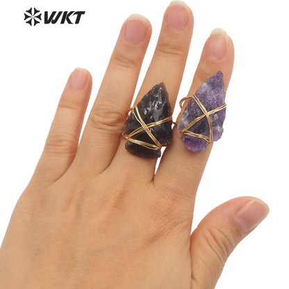 WT-R390 WKT 2022 Boho Style Women Wire Wrapped pink Quartz Arrowhead Ring for Women New Fashion Statement Ring Party