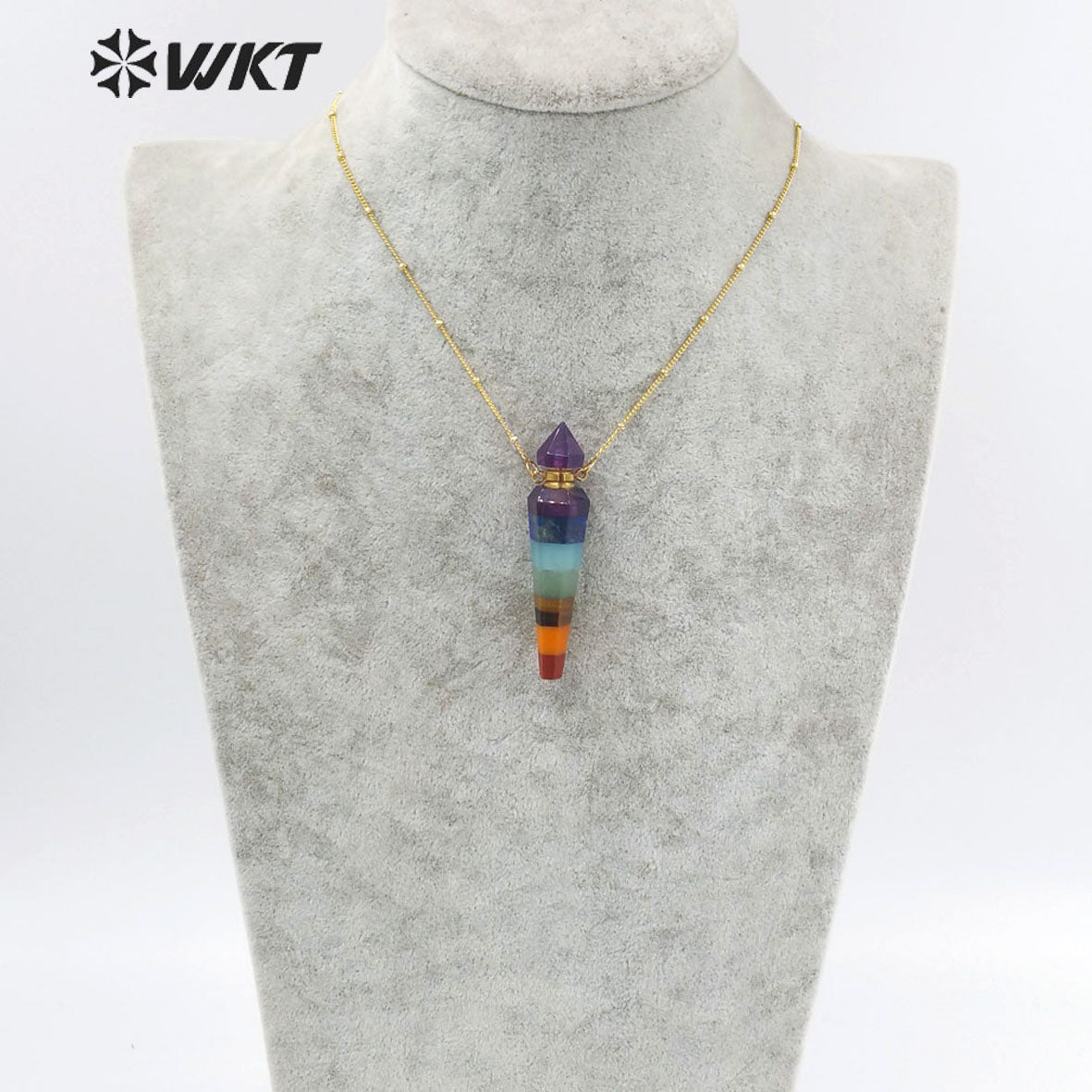 WT-N1406 Wholesale Fashion Energy Seven CHAKELA Natural Stone Essencial Oil Bottle Pendant Necklace with 18k Gold Stellite Chain