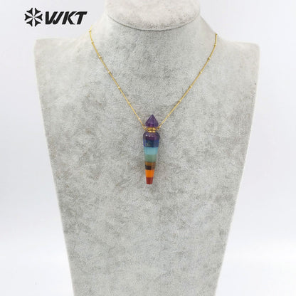 WT-N1406 Wholesale Fashion Energy Seven CHAKELA Natural Stone Essencial Oil Bottle Pendant Necklace with 18k Gold Stellite Chain