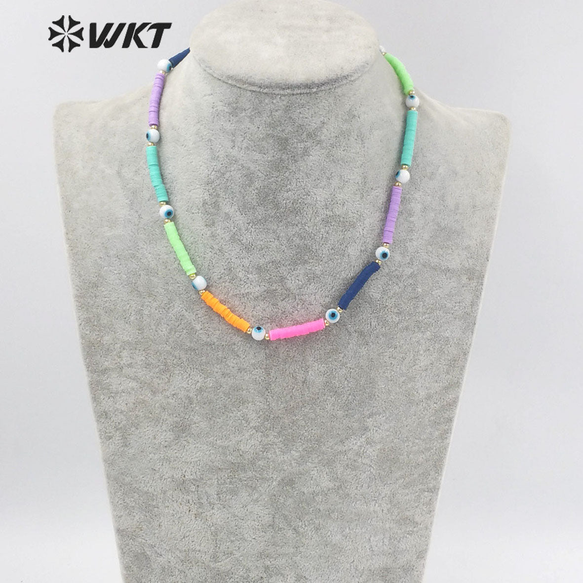 WT-JN207 Fashion Gold rainbow 6mm Space Beads Necklace Healing Turkish Eye Necklace Women Religious 16 Inch Long Choker Necklace