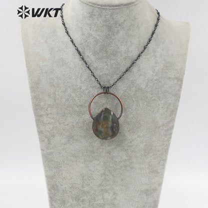 WT-N1334 WKT Vintage Shiny Antique Copper Water Drop Shape Natural Stone Labradorite with Copper Big Ring Jewelry Necklace