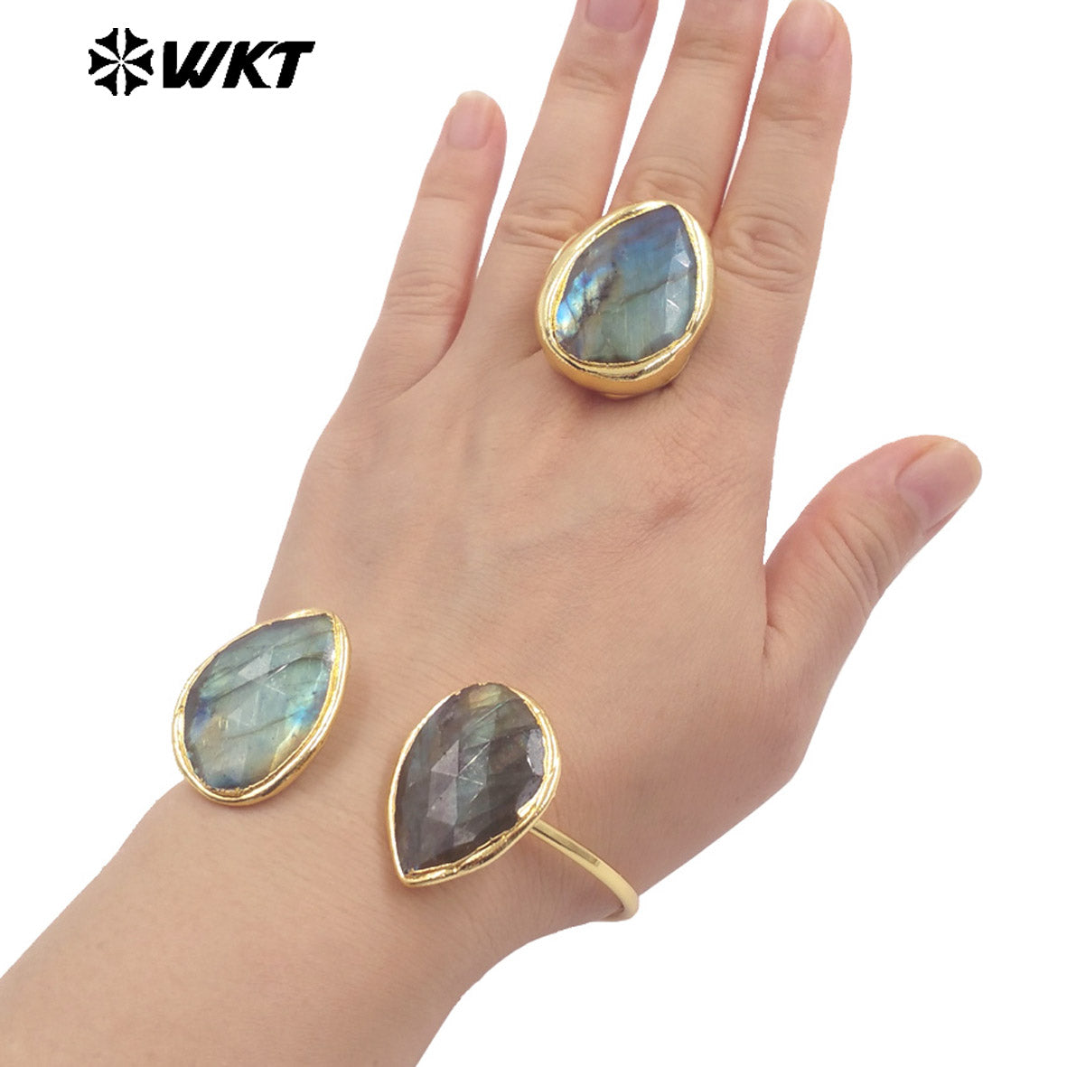 WT-R557 Customized Beautiful 18K Gold Plated Drop Shaped Labradorite Opening Adjustable Daily Decorative Ring for Unisex Jewelry