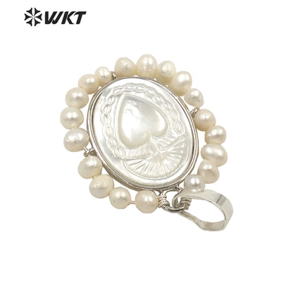 WT-JP254 Hot Handmade Carved White Shell Sacred Heart Pendant Women Wire Wrapped With Pearl Charm in Mary Heart Shell