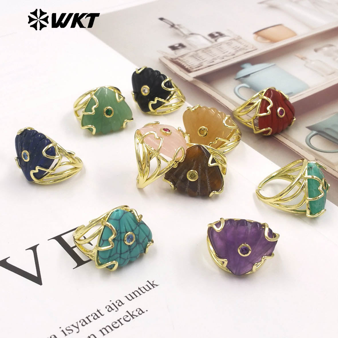 WT-R614 Lovely Design Gold Plated Colorful Zircon And Natural Gemstones Shell Shape Rings For Lady Wedding Wearing Accessory