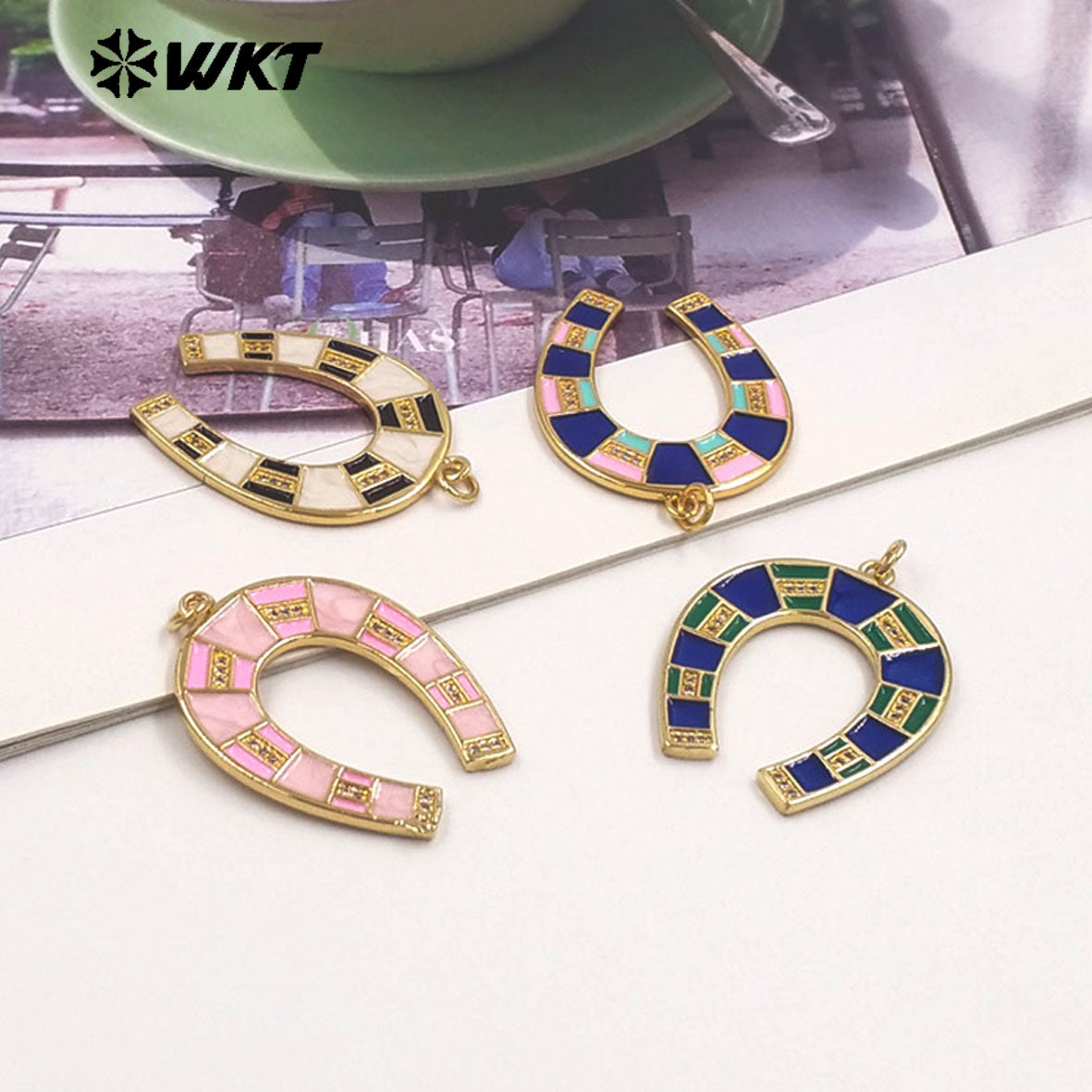 WT-P2078 Amazing Back Full Gold Plated Colorful Drop Oil Letter U Shape Charm Pendants For Handmade Necklace DIY Jewelry