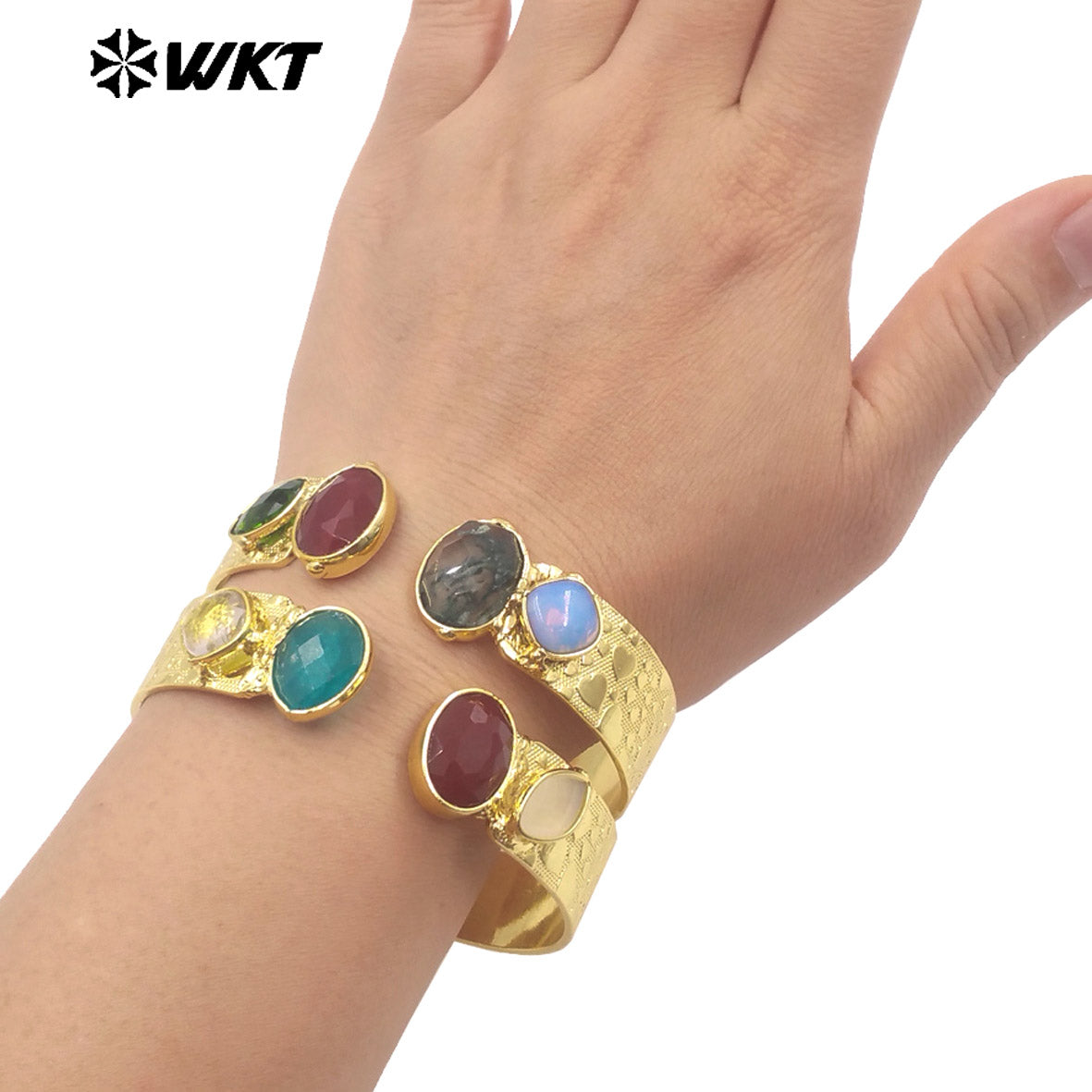 WT-B706 Top Qualiy Vintage Style 18K Gold Electroplated Natural Multiple Gemstones Cuff Women Bangles As Birthday Gift