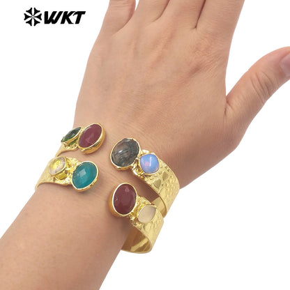 WT-B706 Top Qualiy Vintage Style 18K Gold Electroplated Natural Multiple Gemstones Cuff Women Bangles As Birthday Gift