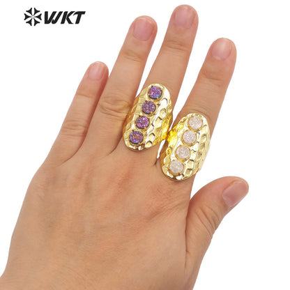 WT-R443 Wholesale Fashion Gold Bezel Natural Druzy Agate Ring Wide Band Women Party Stone Ring for Birthday Girl Friend