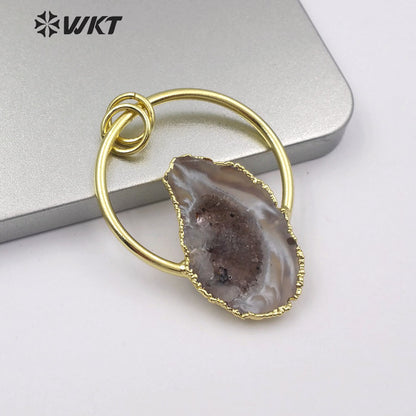WT-P1455 Wholesale Natural Druzy Geode Agate Pendant with Golden Circle Women Necklace Ornaments Jewelry