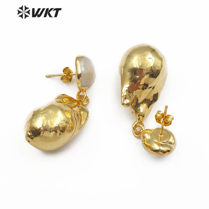 WT-E487 Bridal Wedding Jewelry White Pearl Earring or Gold Dipped Pearl Earring Jewelry Random Shape Baroque Pearl Earring