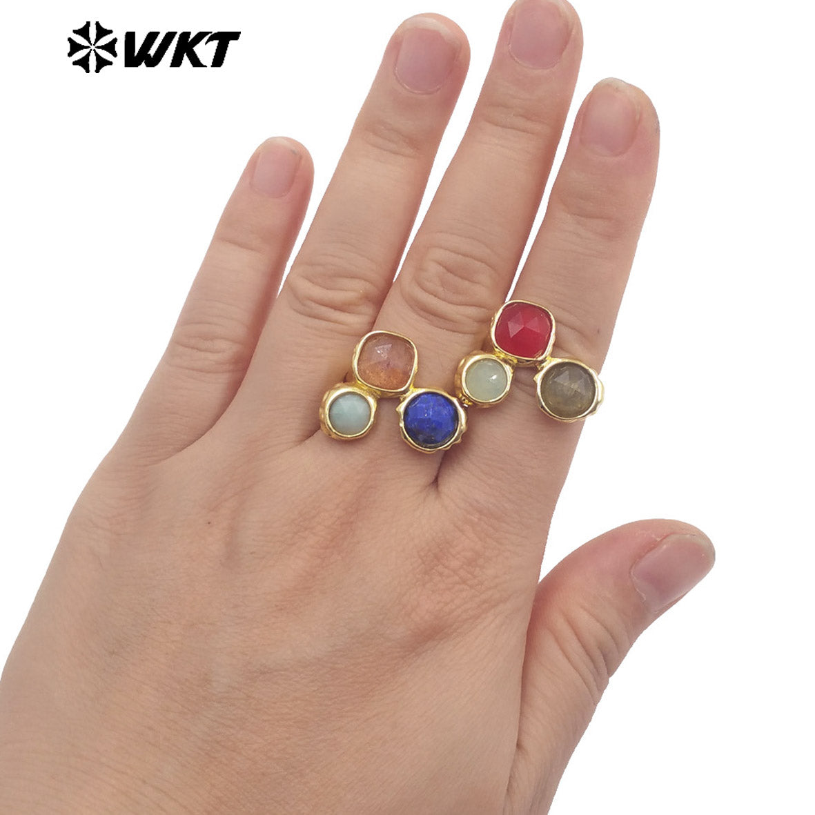 WT-R590 Boutique Fashion Gold Plated Three Natural Gemstones Triangle Adjustable Rings For Female Birthday Gift Accessories