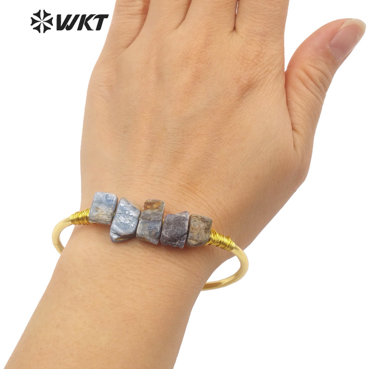 WT-B596 WKT Blue Natural Stone Blue Kyanite Opening Adjustable Gold Plated Bangle Beautiful Women Fashion Vintage Style Bangle