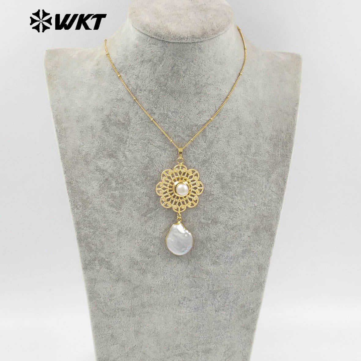 WT-JN269 Wholesale New Gorgeous 18K Real Gold Plated Natural Freshwater Pearl Pendant Necklace Anniversary Jewelry