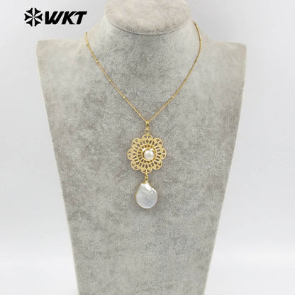WT-JN269 Wholesale New Gorgeous 18K Real Gold Plated Natural Freshwater Pearl Pendant Necklace Anniversary Jewelry