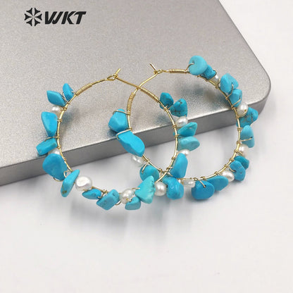 WT-MPE038 Gold Electroplated Crushed Stone Round Hoop Earrings Charming Hand Make Wire Wrapped Stone Earrings