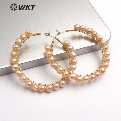 WT-E547 Natural Pearl Earring White Yellow Purple Color Round Pearl Earring Garland Shape Beautiful Earring Wedding Jewelry
