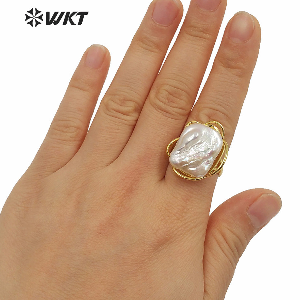 WT-R354 Wholesale Fashion Gold Plated Bezel Setting Square Pearl Ring Women Fashion Bride Wedding Pearl Ring
