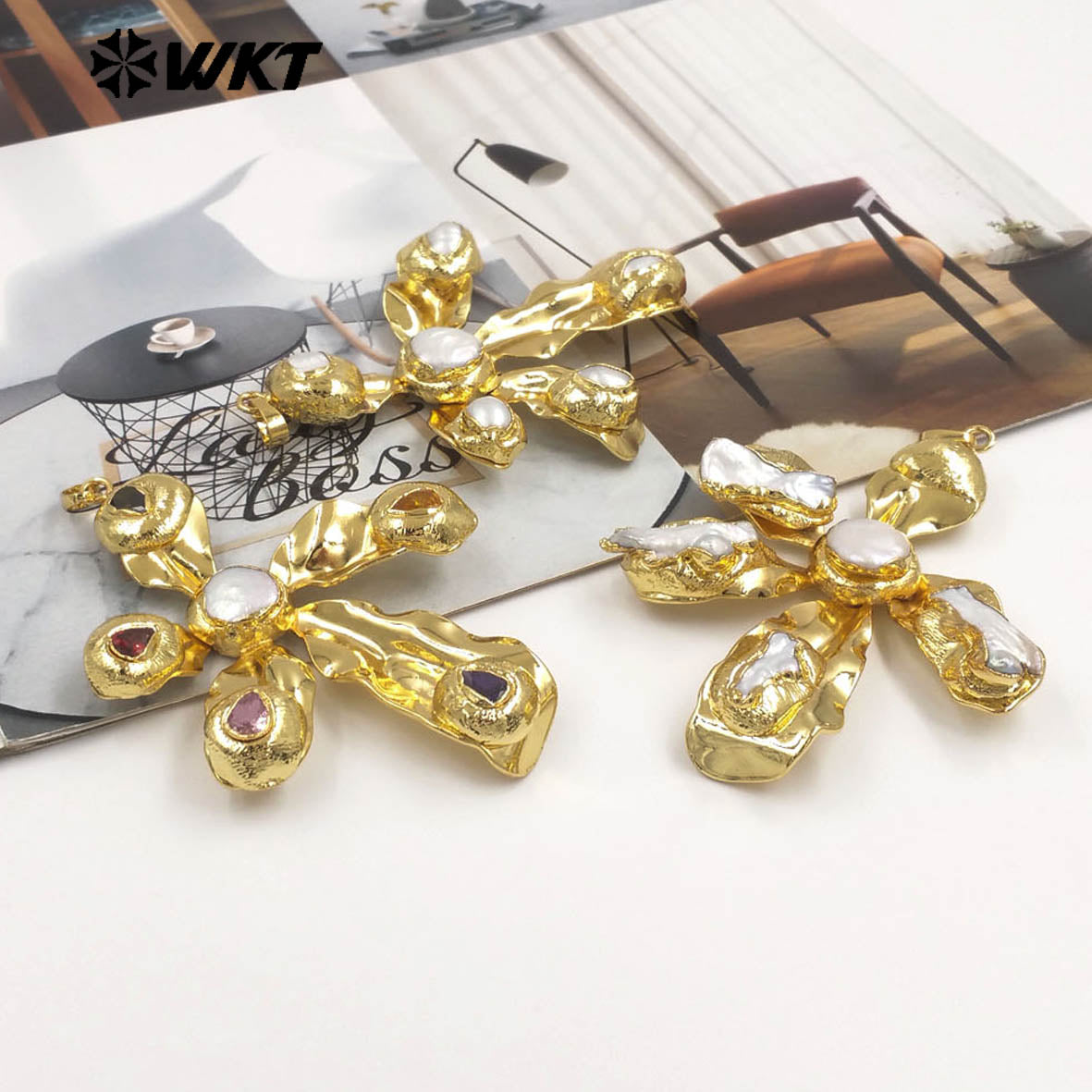 WT-JP453 Delicate Design 18K Gold Plated Natural Freshwater Pearl Windmill Shape Lovely Pendants As Necklace Findings