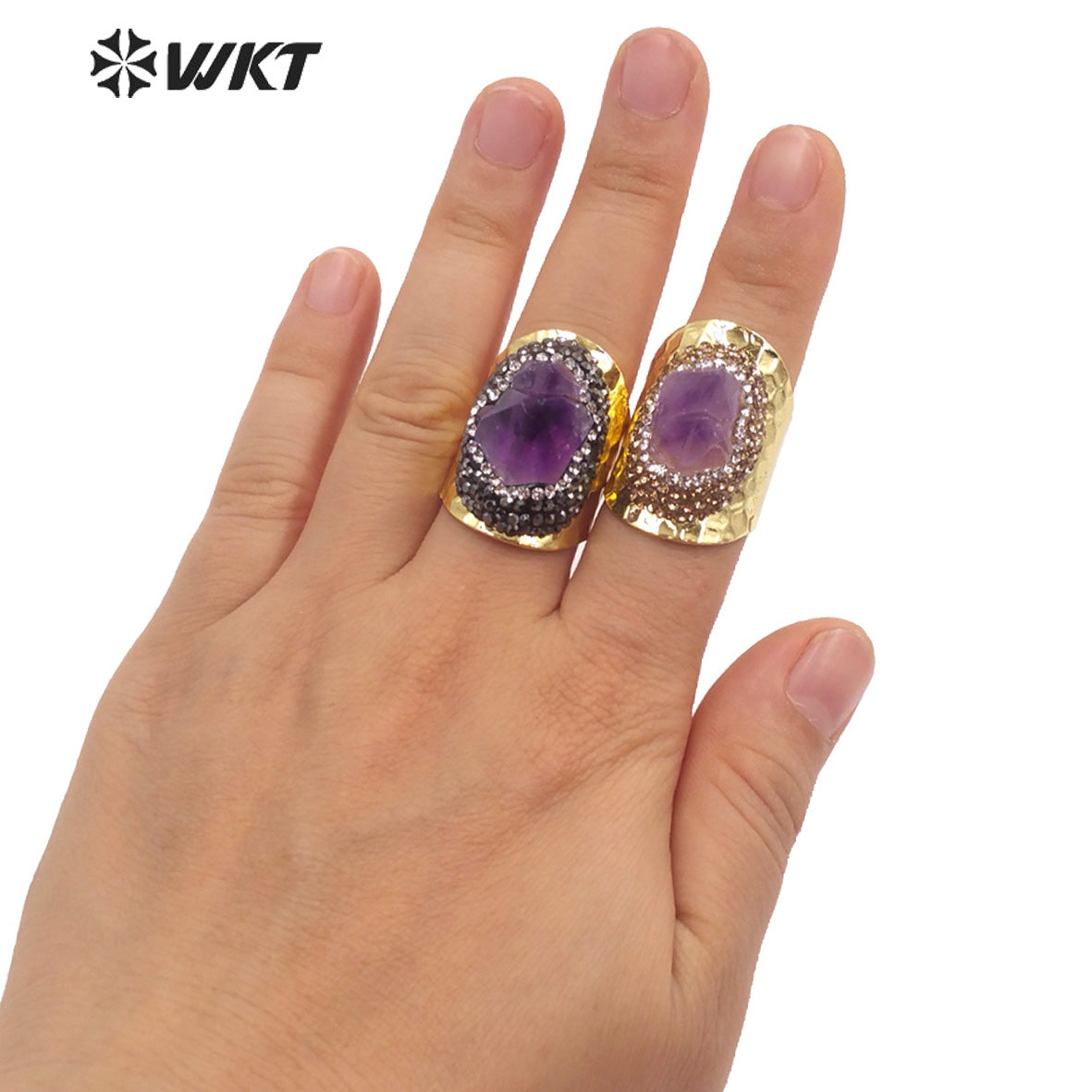 WT-R447 WKT New Design Natural Brazil Cluster Amethyst Stone Ring Fashion Gold Rhinestone Ring for Party Lucky Ring