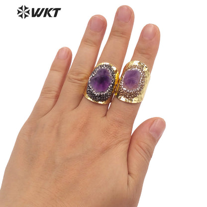 WT-R447 WKT New Design Natural Brazil Cluster Amethyst Stone Ring Fashion Gold Rhinestone Ring for Party Lucky Ring