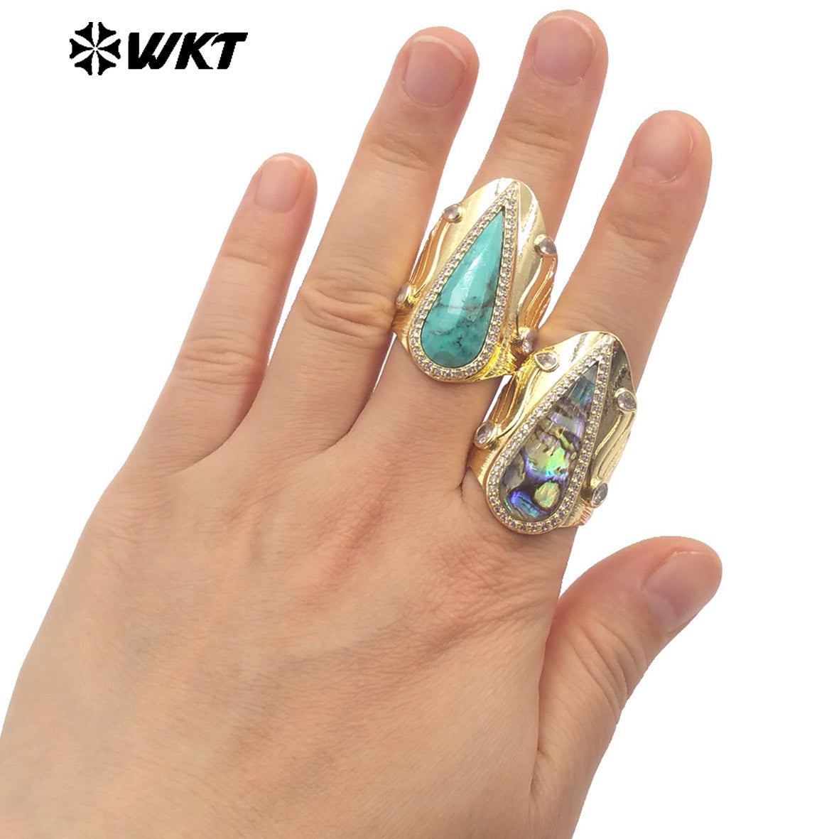 WT-R523 Amazing New Big Cocktail Long Pear Amazonite Stone Setting Women Party Ring or for Friend Birthday Gift