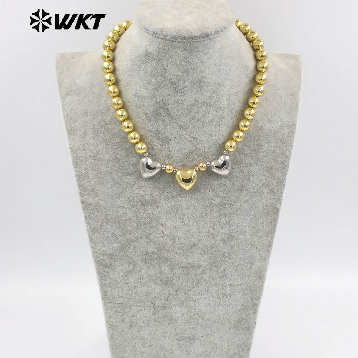 WT-JFN27 Wholesale New 18K Gold Plated Natural Yellow Brass Round Beads Love Shaped Women Fashion Necklace Jewelry Finished