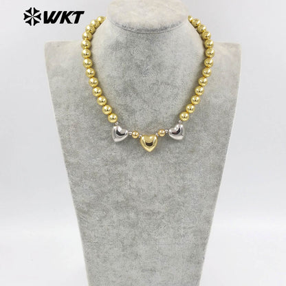 WT-JFN27 Wholesale New 18K Gold Plated Natural Yellow Brass Round Beads Love Shaped Women Fashion Necklace Jewelry Finished