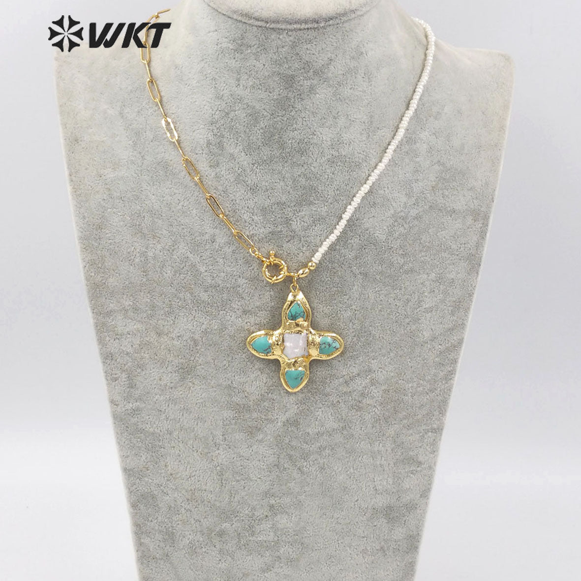 WT-JN150 WKT Newest Design Natural Turquoise and Pearl Mix Design Necklace 18k Real Gold Plated Elegant Office Lady Necklace