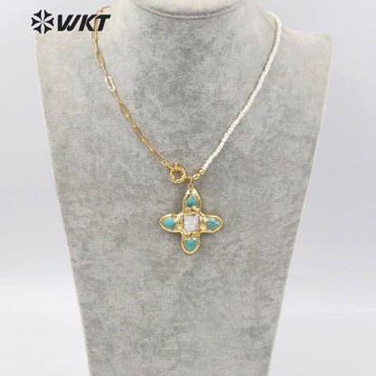 WT-JN150 WKT Newest Design Natural Turquoise and Pearl Mix Design Necklace 18k Real Gold Plated Elegant Office Lady Necklace